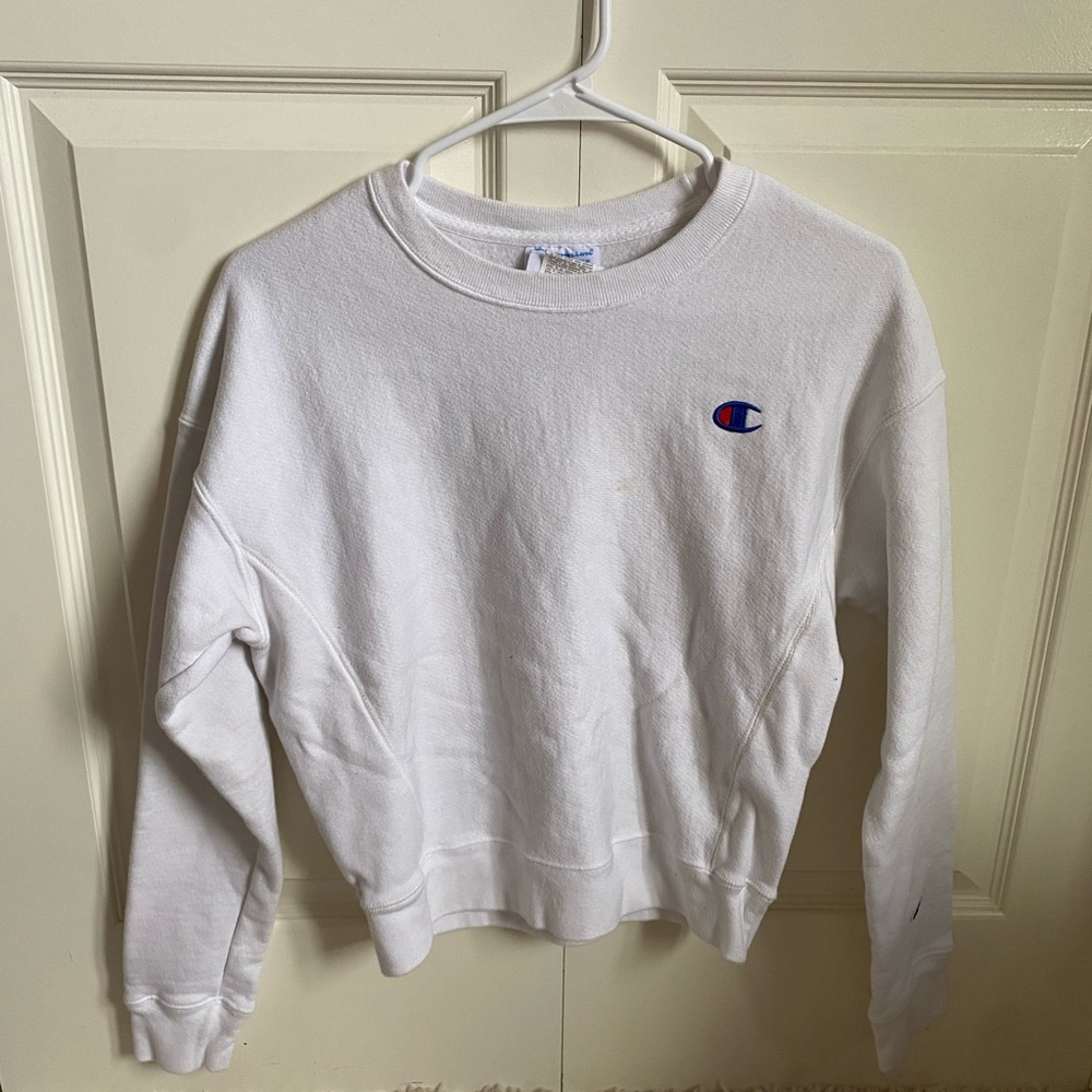 champion, white crewneck, size small